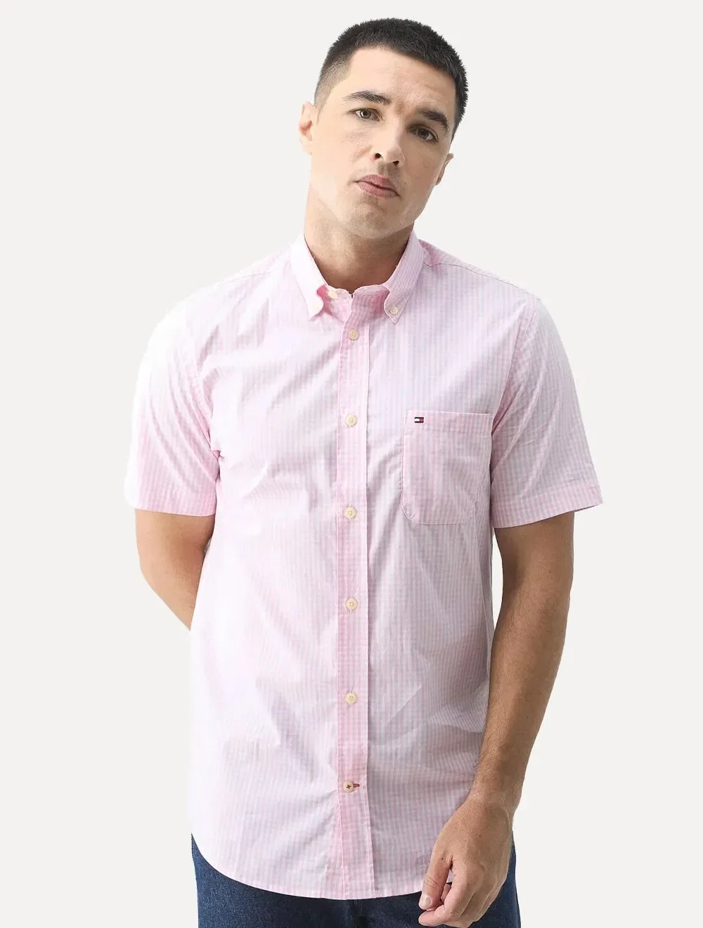 Camisa Tommy Hilfiger Masculina Manga Curta Xadrez Gingham Branca / Rosa Claro — imagem 1