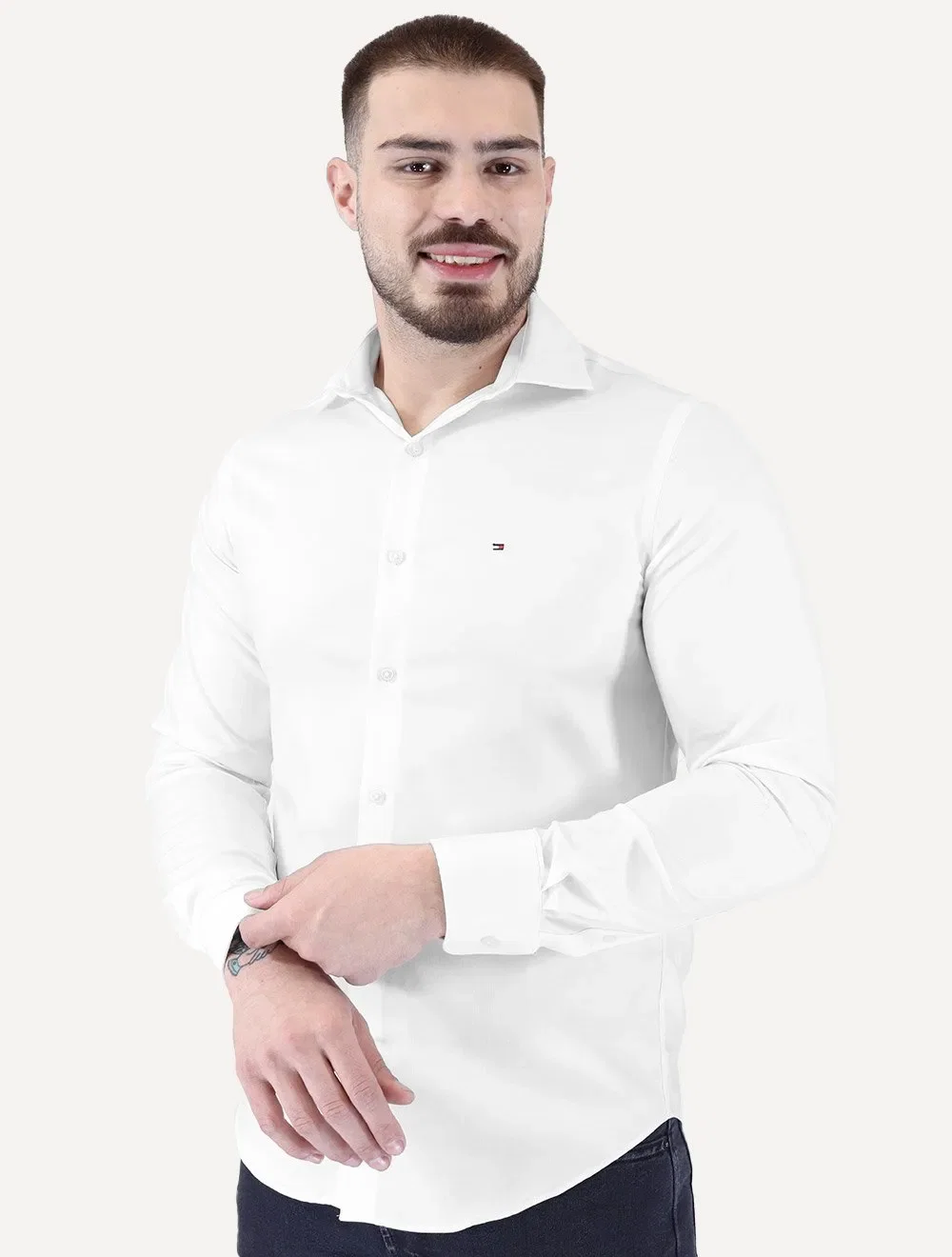 Camisa Tommy Hilfiger Masculina Slim TH Flex Twill Stretch Branco — imagem 1