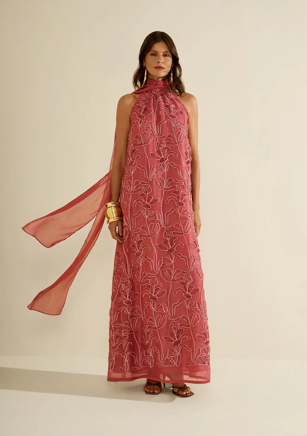 Vestido Morena Rosa Solto Gola Alta Sem Manga Longo Rosa