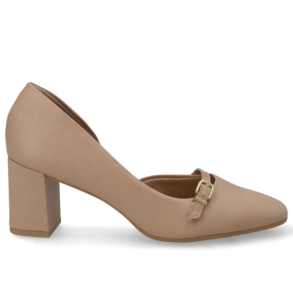 Scarpin Bege Bico Redondo Couro Tira Enfeite — imagem 1