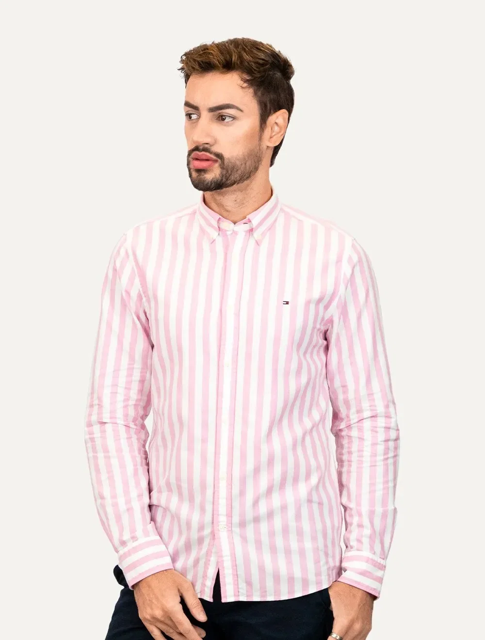 Camisa Tommy Hilfiger Masculina Oxford Slim Bold Stripe Rosa Claro — imagem 1
