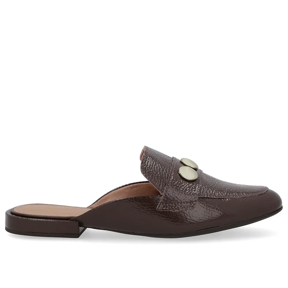 Mule Marrom Salto Bloco Verniz