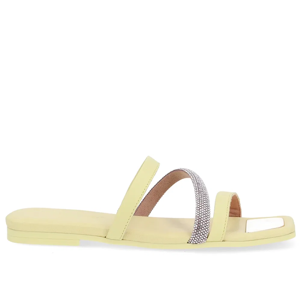 Rasteira Bico Quadrado Couro Amarelo Strass — imagem 1