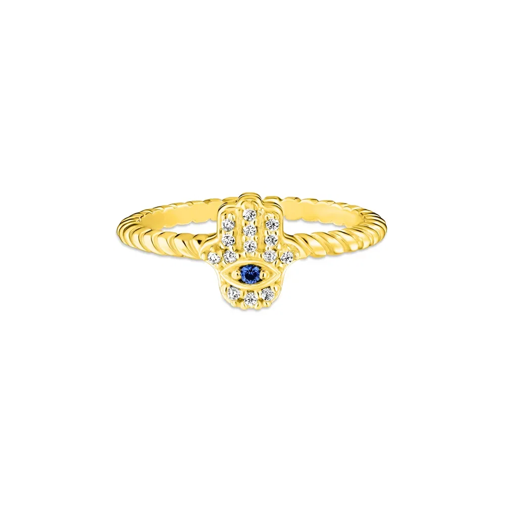 Anel Life Patuás III Hamsá em Prata 925 com Banho de Ouro Amarelo 18k e Pedras Azul e Incolores