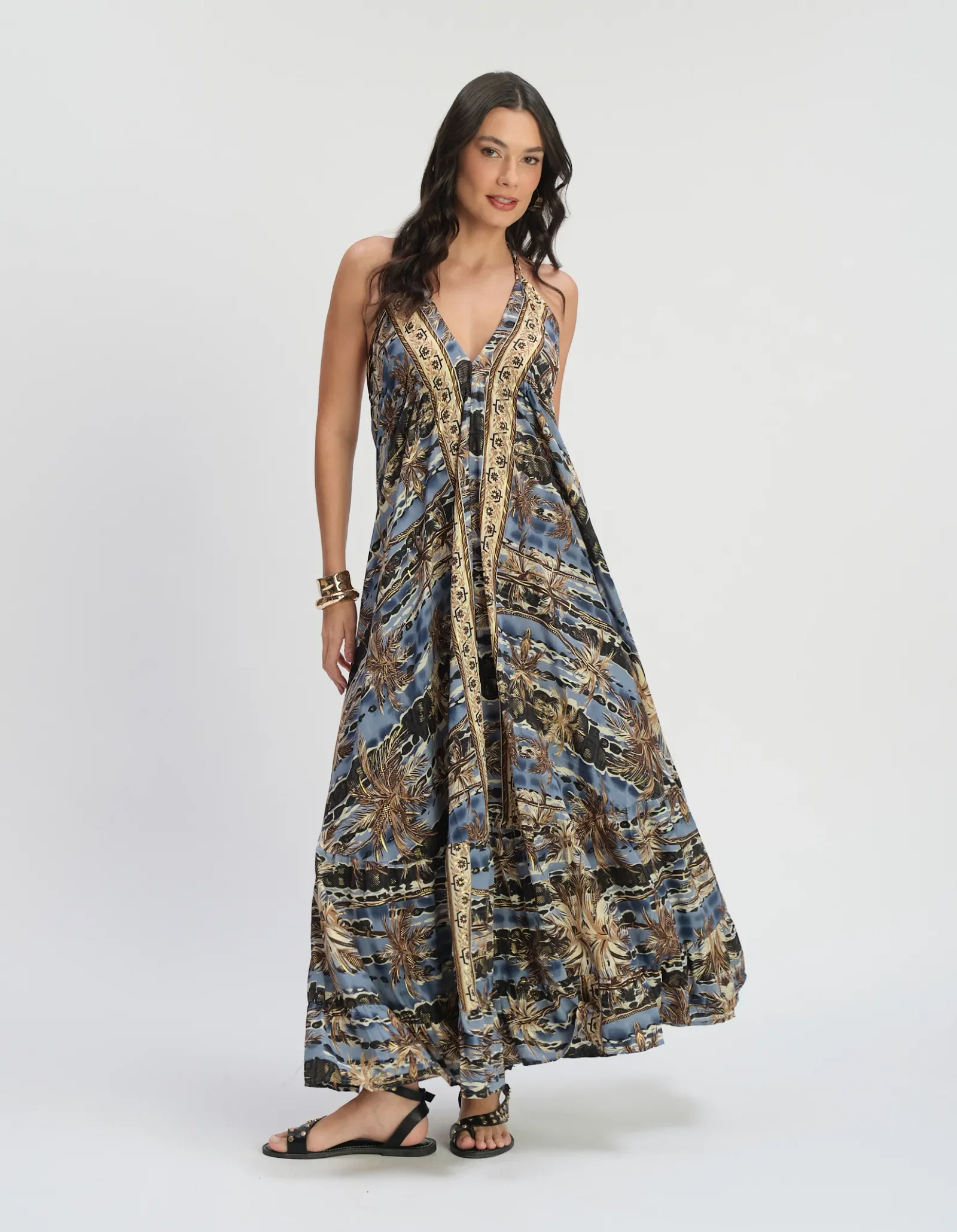 Vestido Longo Estampado Coqueiro Tie-Dye - Azul — imagem 1