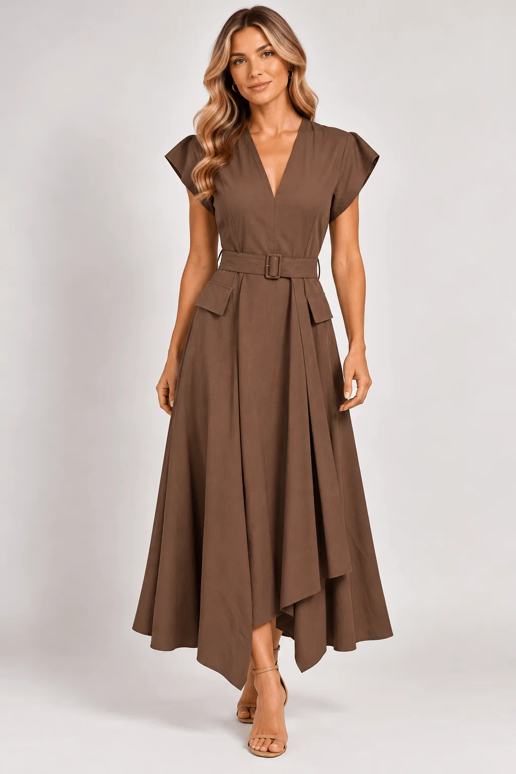 Vestido Midi Decote v Cinto Faixa - Marrom