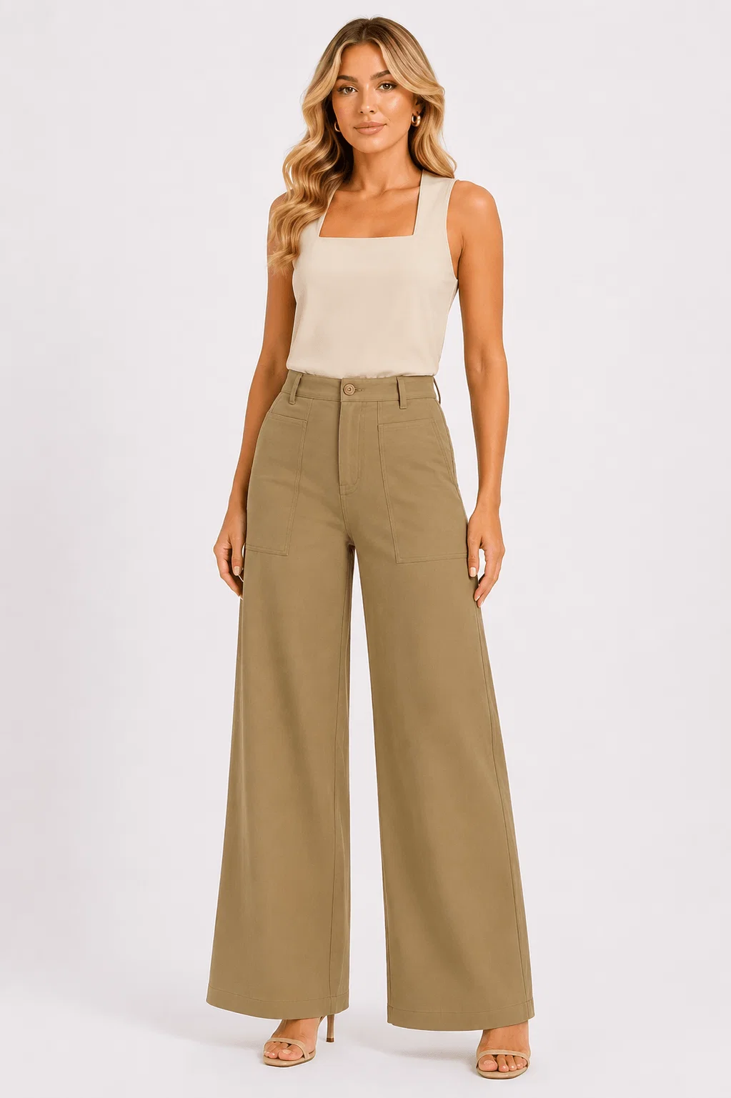 Calça Pantalona Bolsos Assimétricos - Caqui