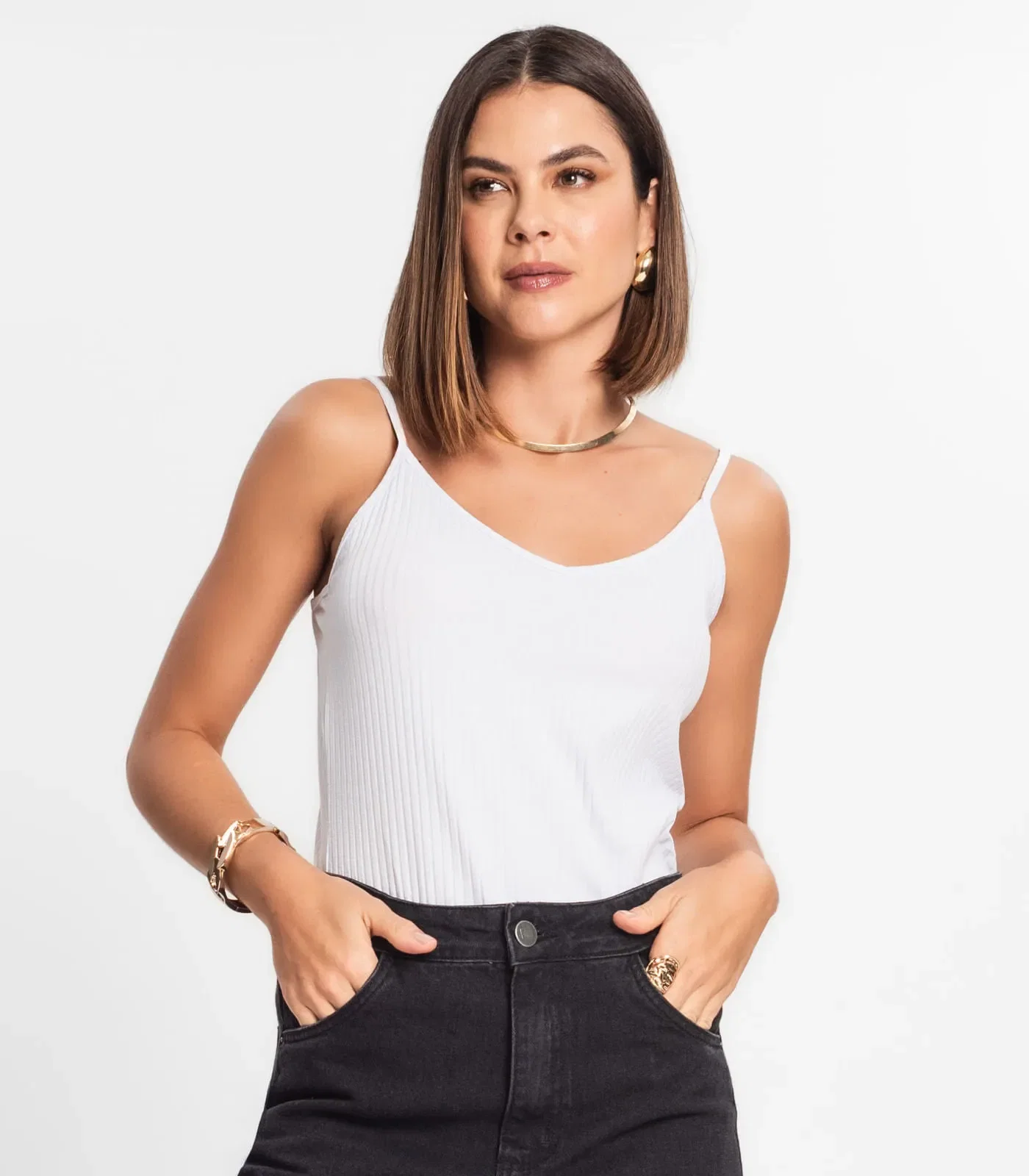 Blusa De Alça Feminina Ribana Canelada Rovitex Branco