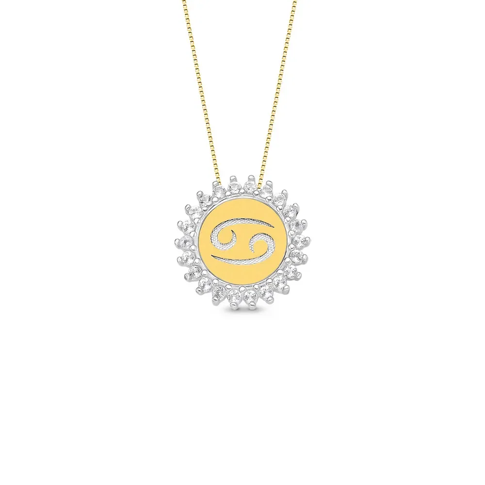 Pingente Medalha Signo Cancêr em Prata 925 e Ouro Amarelo 18k com Topázios Incolores, 15.4mm — imagem 1