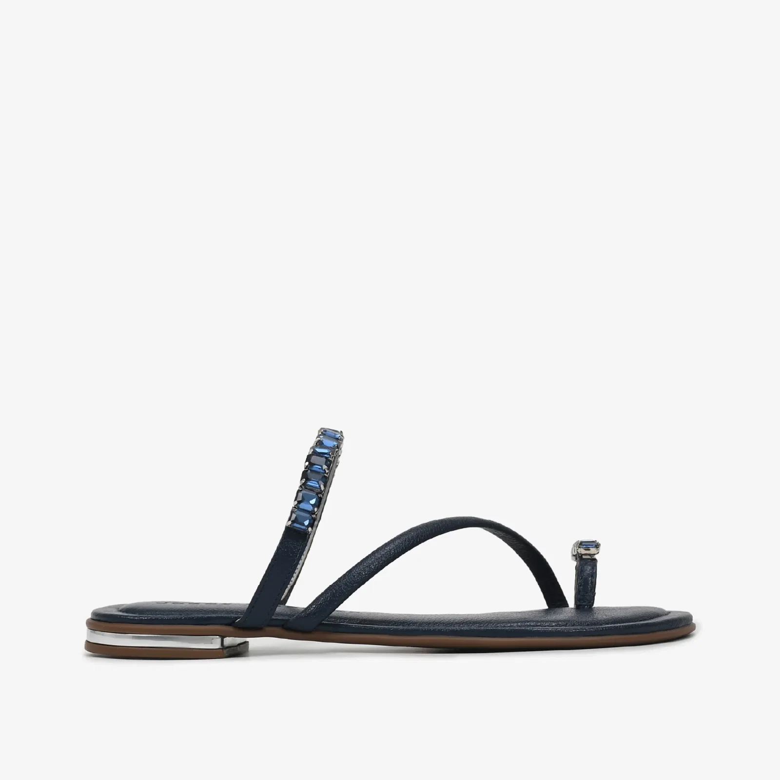 Chinelo Flat Azul Marinho Prata Pedrarias Couro