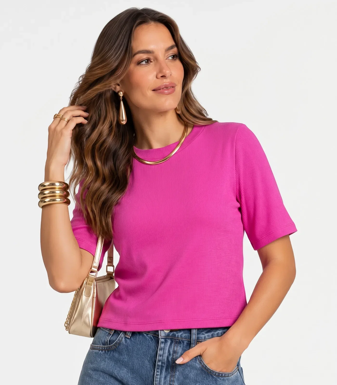 Blusa Feminina Ribana Gola Em Molde Infinita Cor Rosa