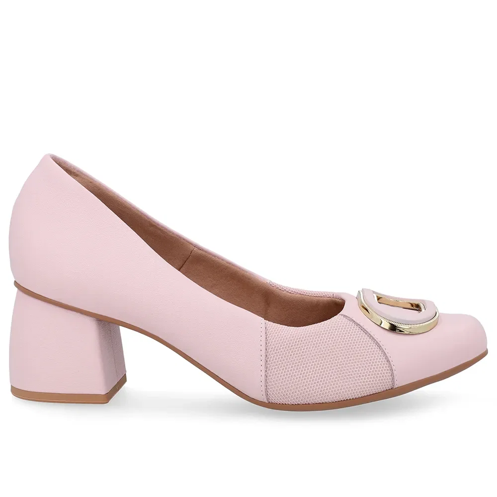 Scarpin Rosa Bico Quadrado Couro Lateral Tecido — imagem 1