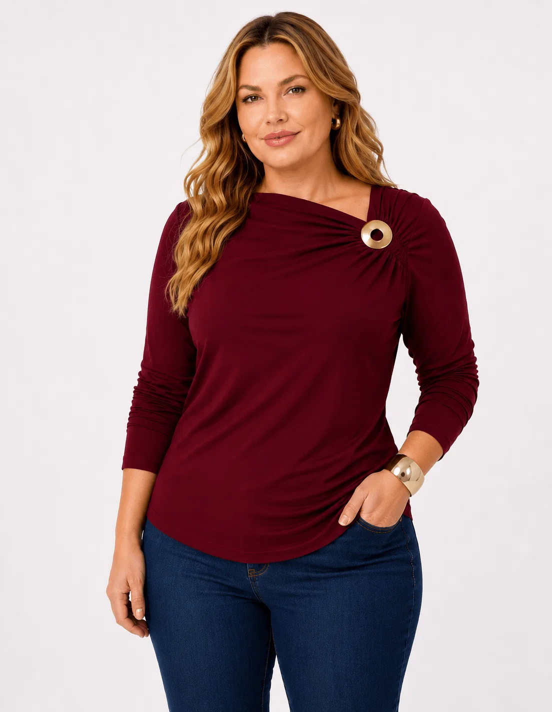 Blusa Manga Longa Detalhe Franzido Metal - Vinho