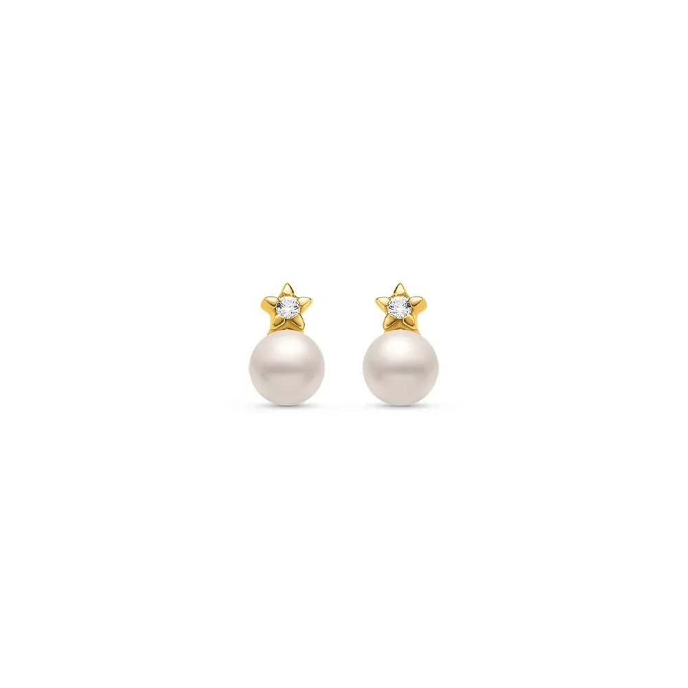 Brinco Baby em Ouro Amarelo 18k com Pérola e Safira Incolor