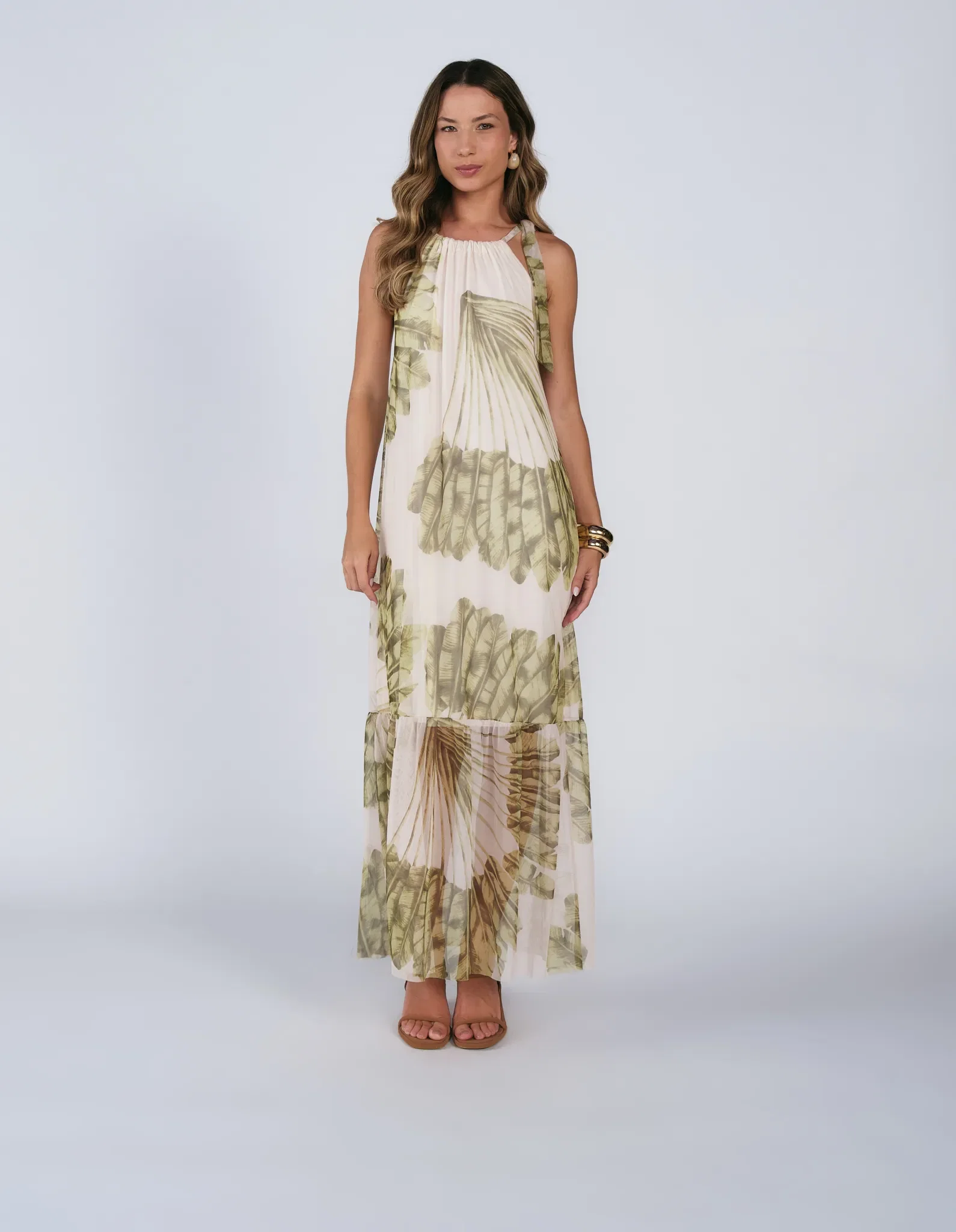 Vestido New Longo Est Folhagem Fresh - Areia