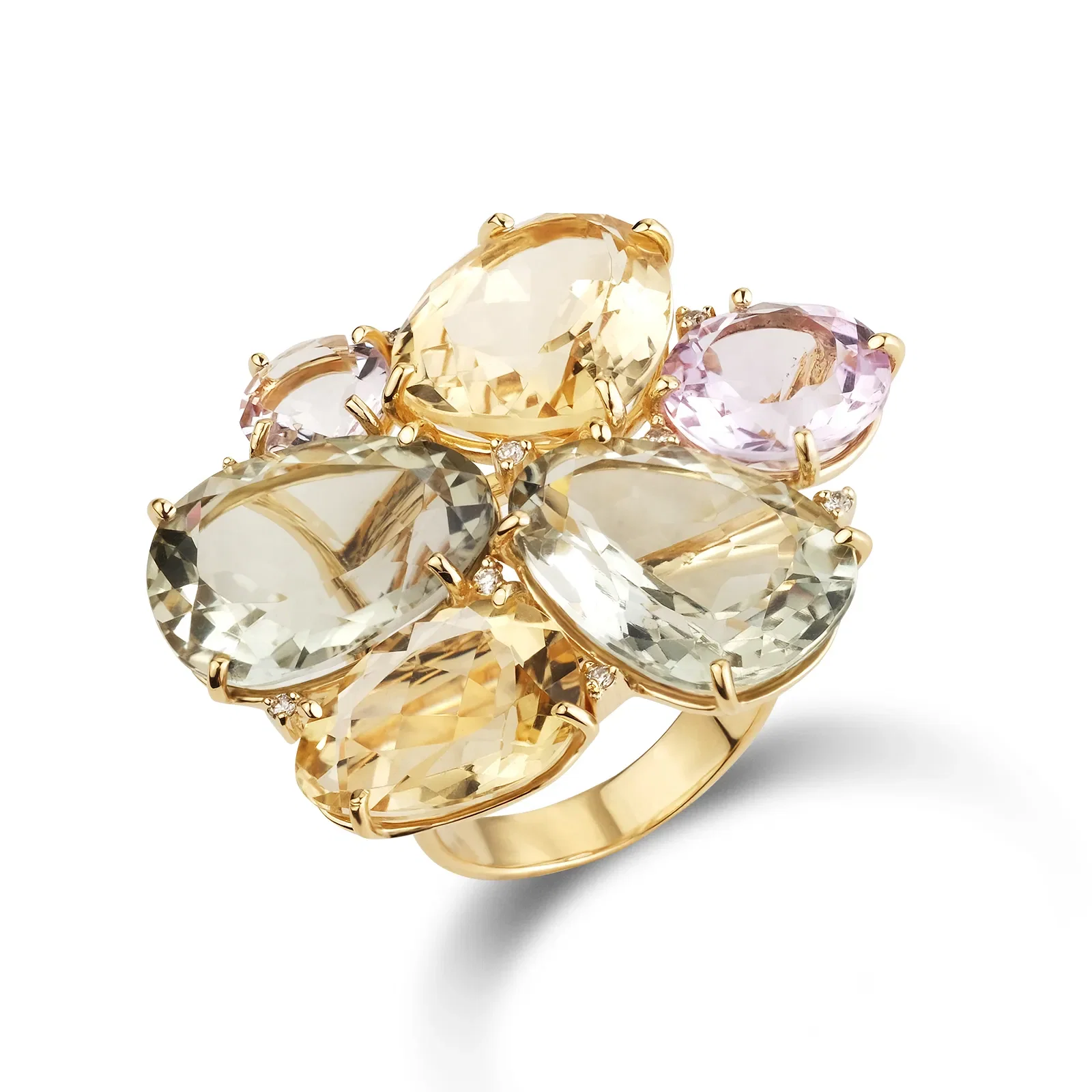 Anel Malva em Ouro Amarelo 18k com Ametistas Rosas, Citrino, Prasiolita e Diamantes