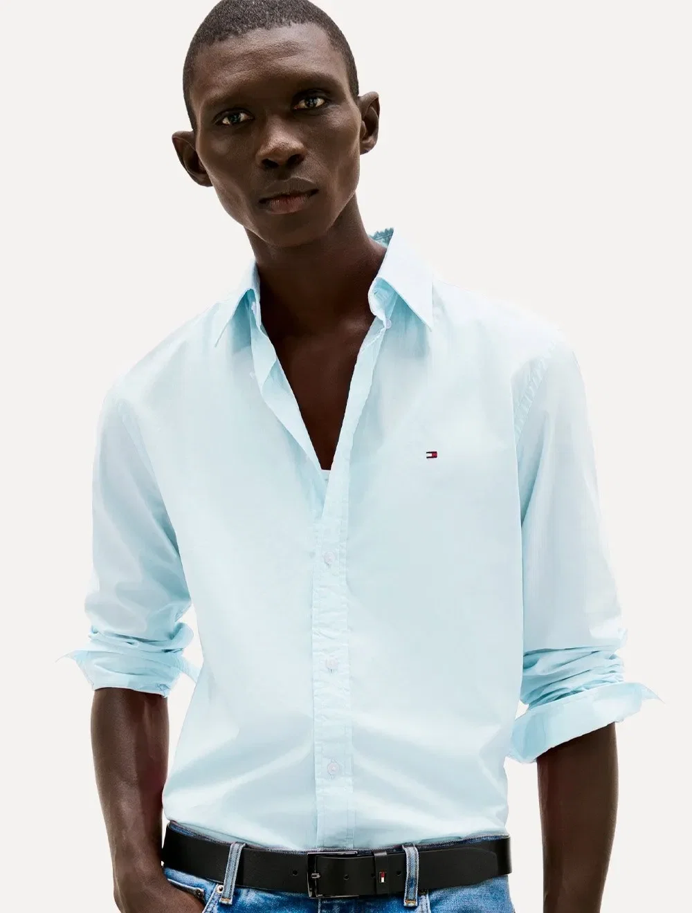 Camisa Tommy Hilfiger Masculina Manga Curta Slim Fit Poplin Azul Claro
