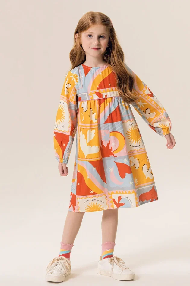 Vestido Infantil em Tricoline Estampado Alma