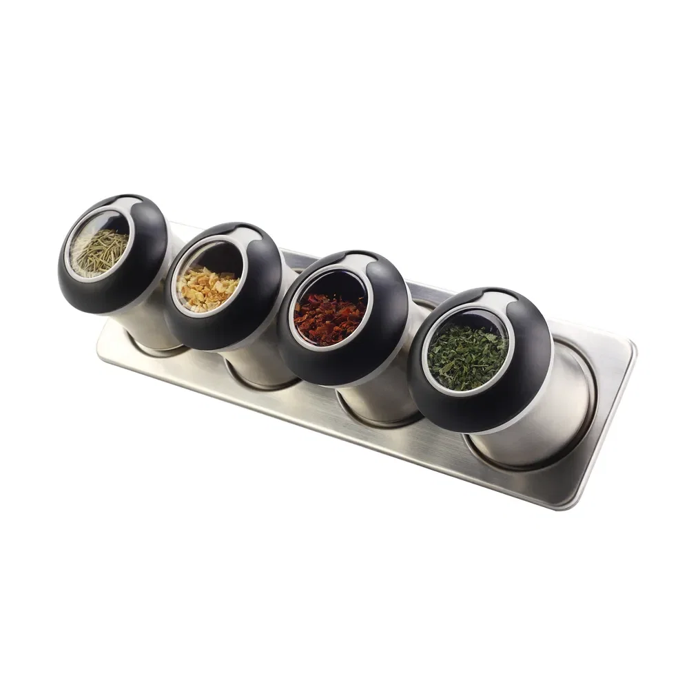 Conjunto de 4 Porta Temperos em Aço Inox e Suporte com Imã Kenya