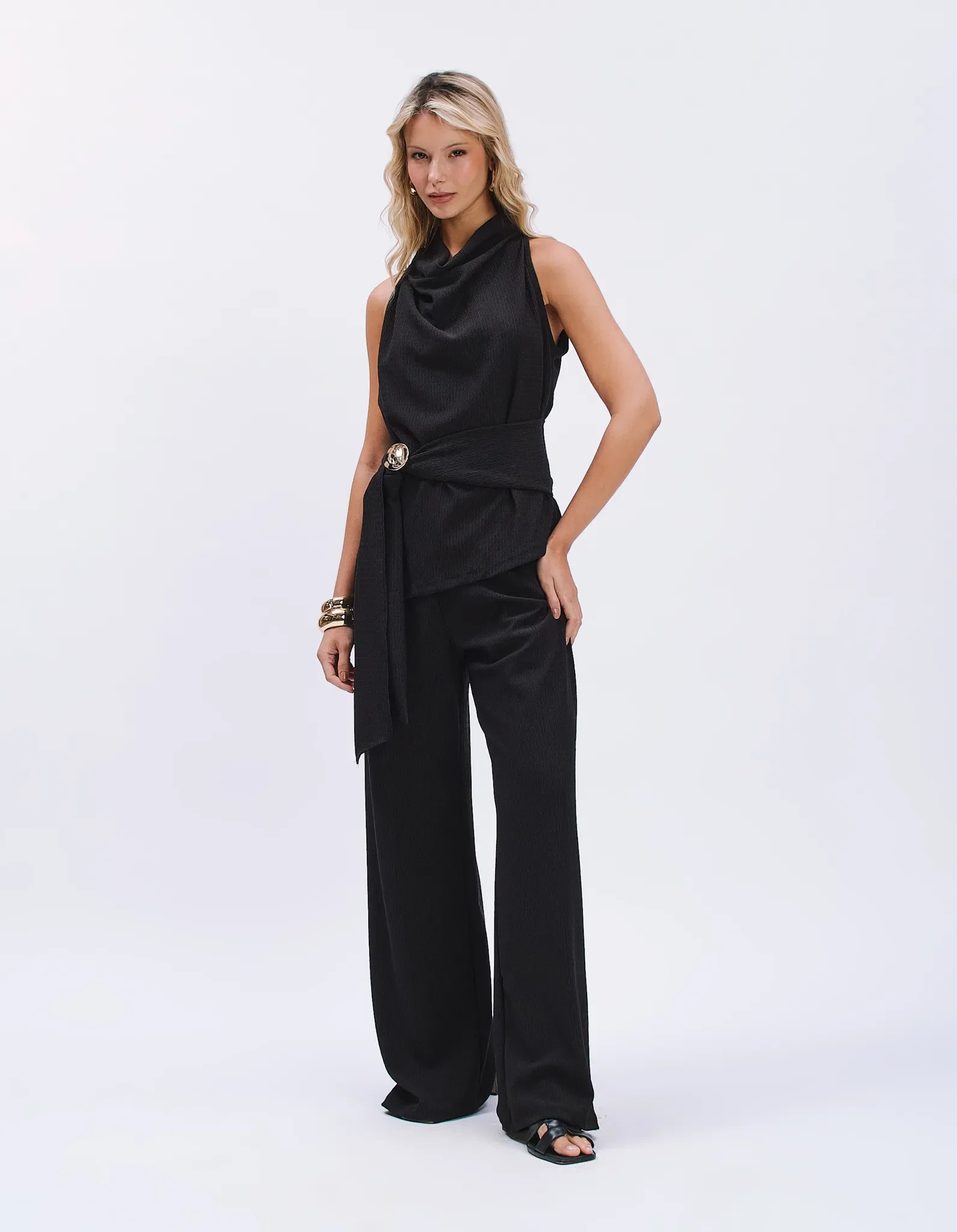 Calça Pantalona Cós Elástico - Preto — imagem 1