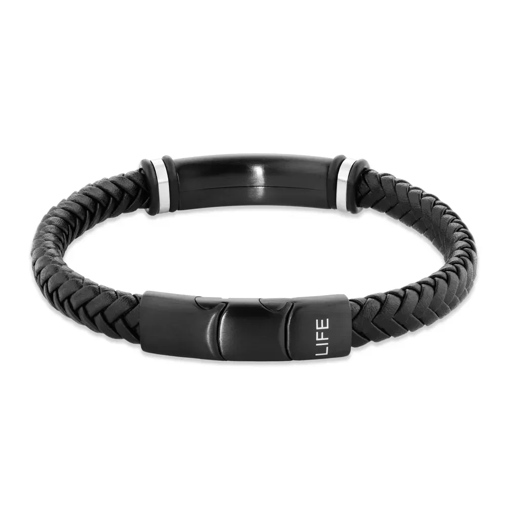 Pulseira Life Trançada IX em Couro Preto com Aço — imagem 1