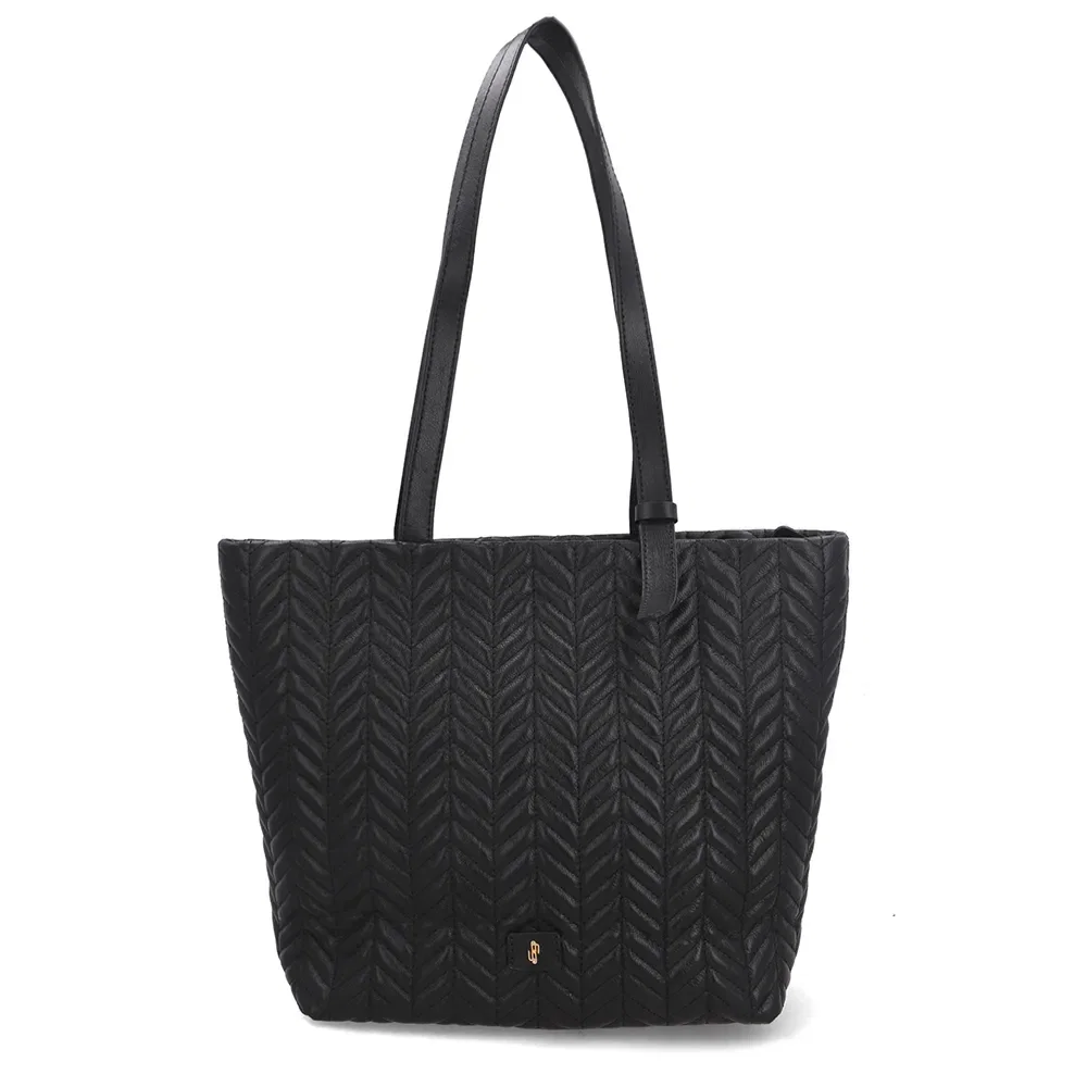 Bolsa Shopper Couro Preta Detalhe Bordado