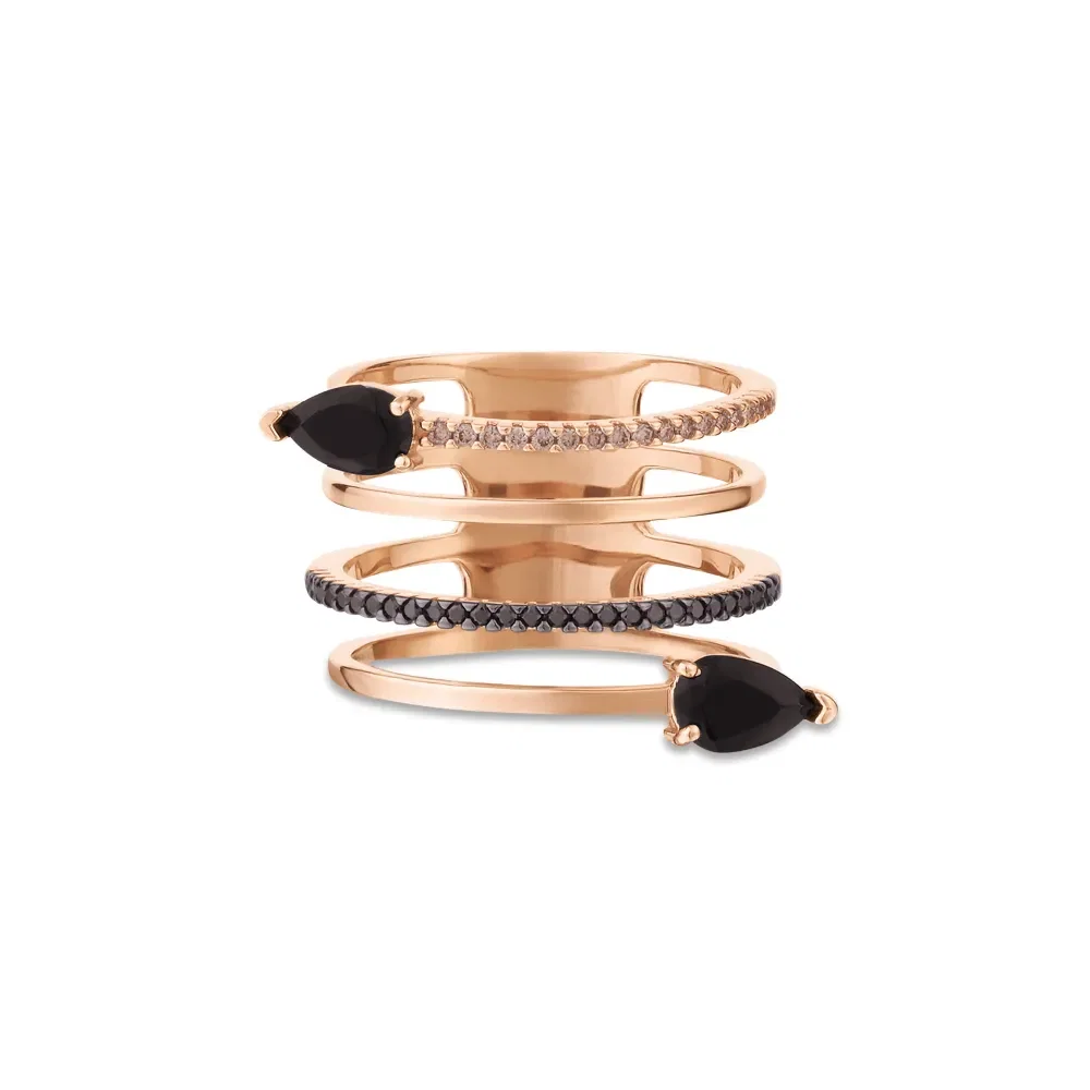 Anel Anelli em Ouro Rosé 18k com Quartzo Negros e Diamantes Negros