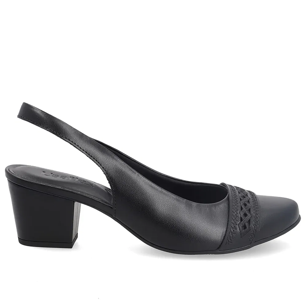 Slingback Em Couro Preto Com Salto Bloco E Detalhe Bordado — imagem 1