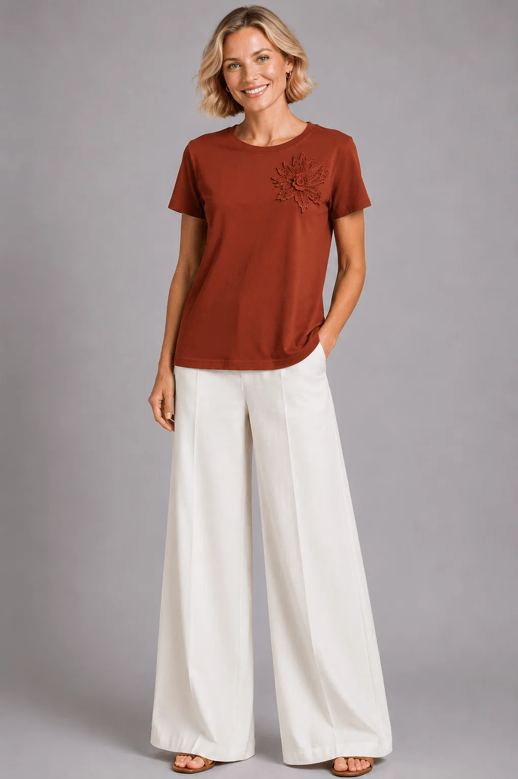 Blusa Manga Curta Flor Artesanal - Terracota — imagem 1