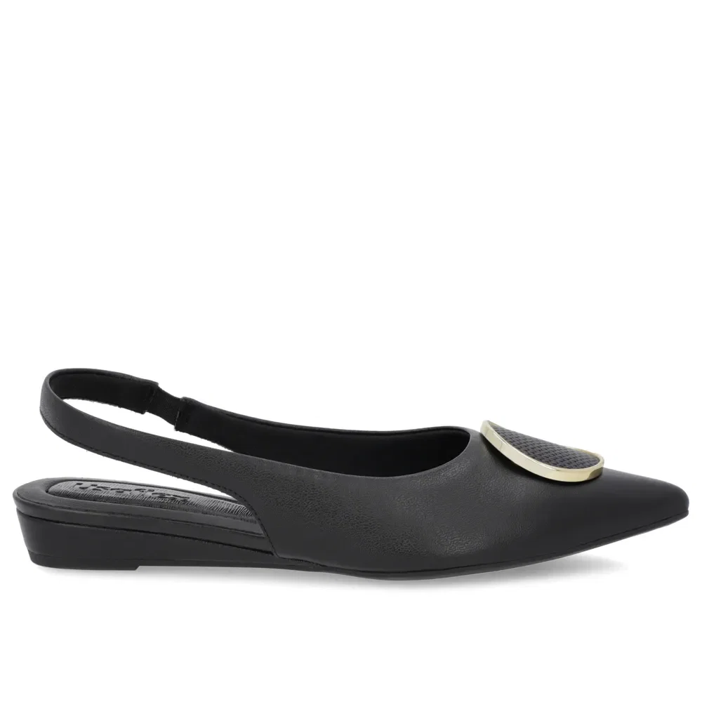 Slingback Preto Salto Anabela Couro Enfeite