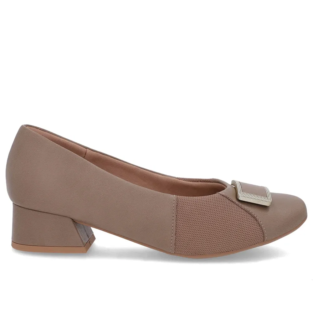 Scarpin Marrom Salto Bloco Couro Lateral Tecido