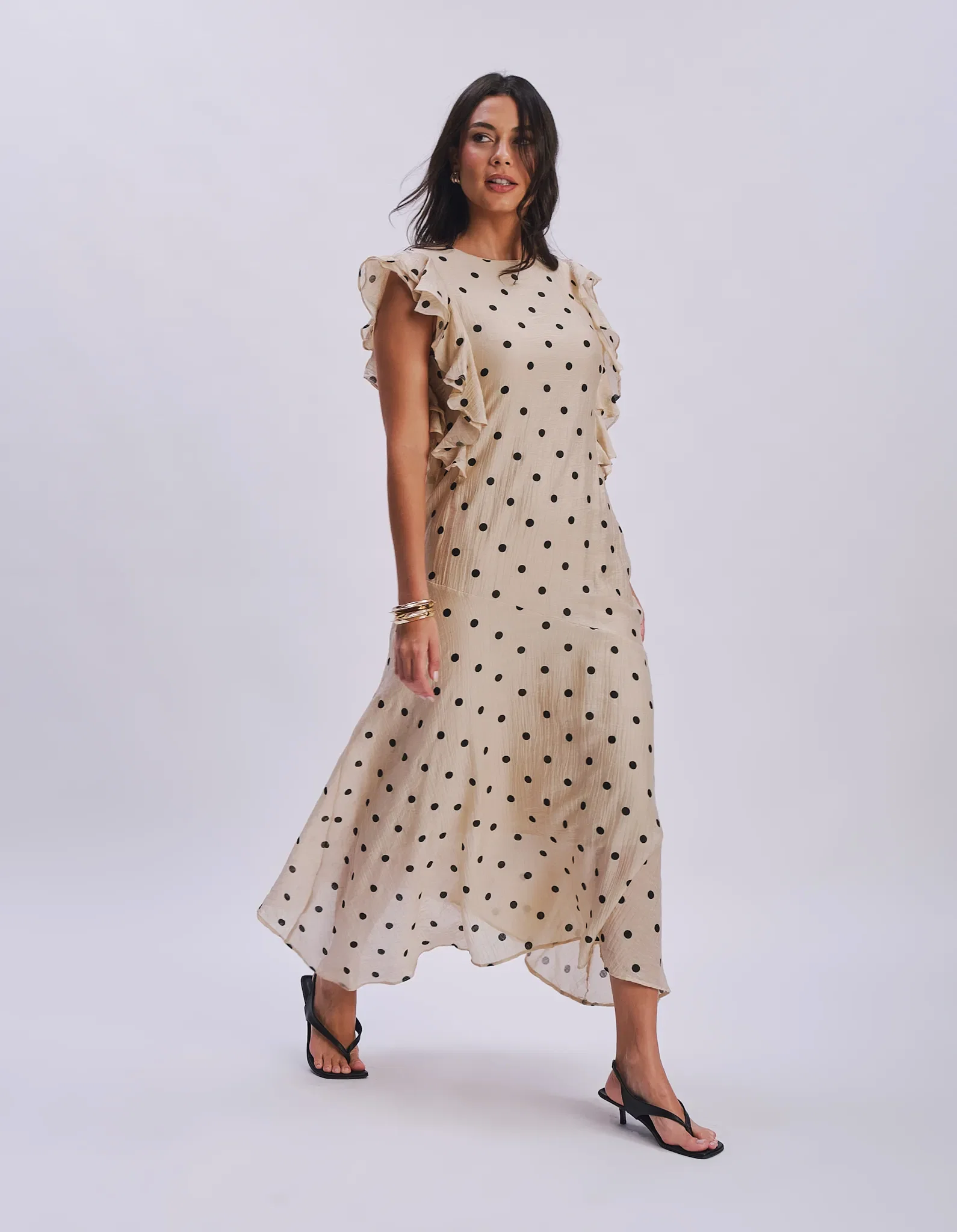 Vestido Midi Manga Curta Poá - Bege