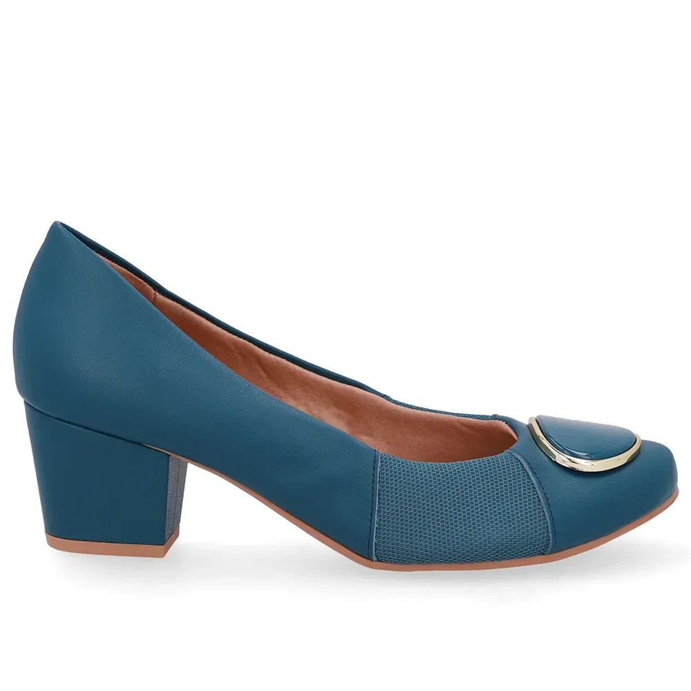 Scarpin Couro Azul Lateral Tecido