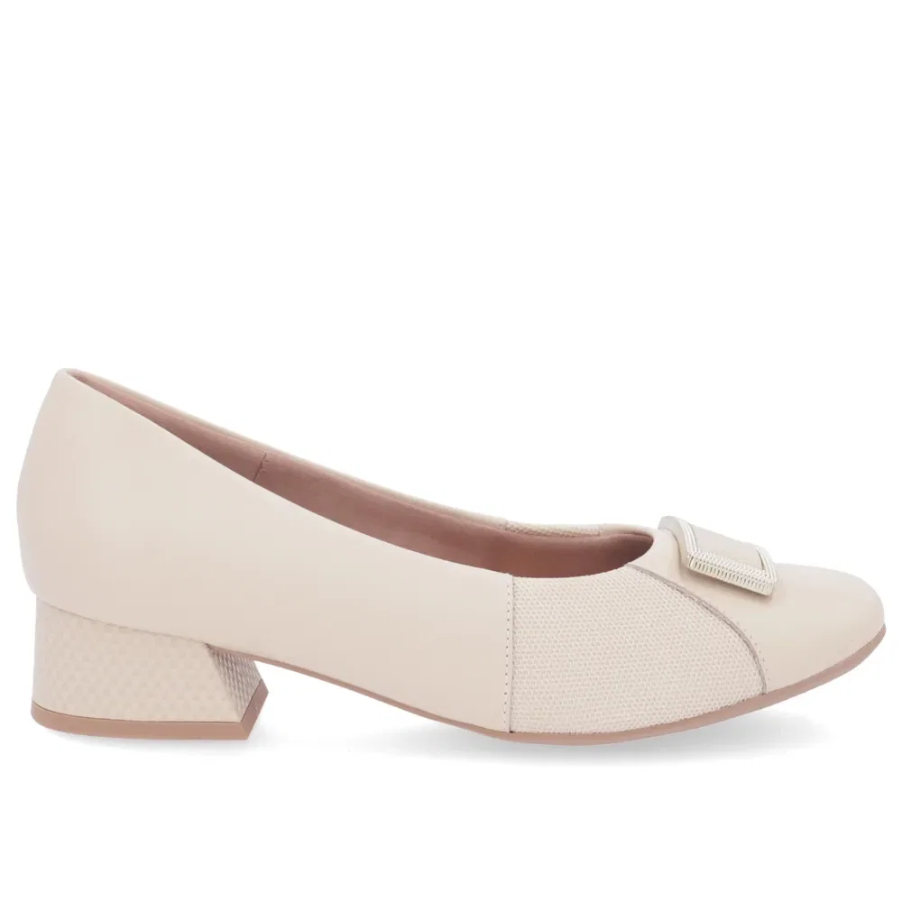 Scarpin Bege Salto Bloco Couro Lateral Tecido