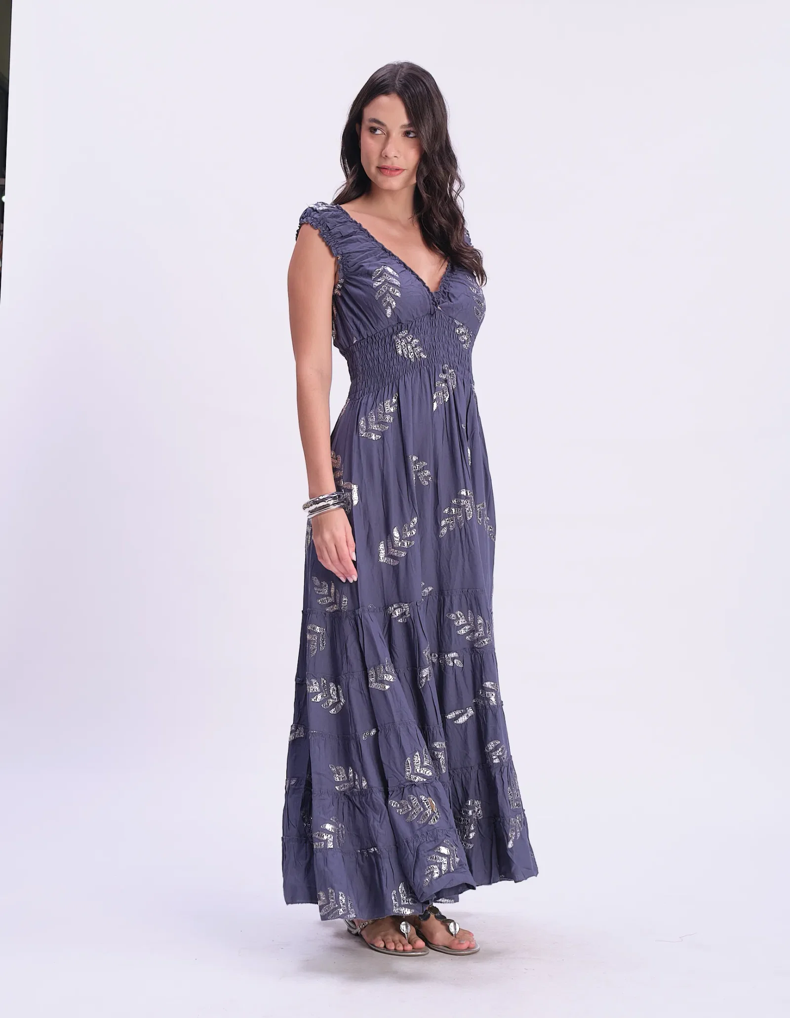 Vestido Longo Bordado Folhagem - Azul — imagem 1