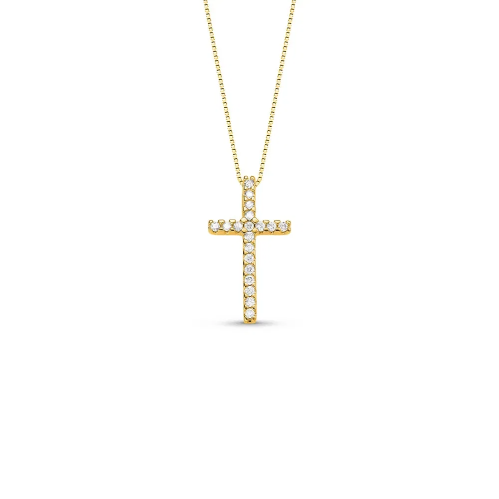 Pingente Cruz Stick em Ouro Amarelo 18k com Diamantes, 15mm