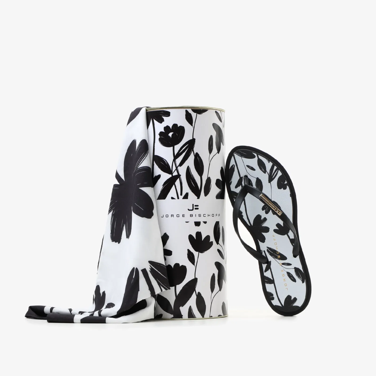 Kit Flat E Lenço Na Lata Floral Preto E Branco Tecido