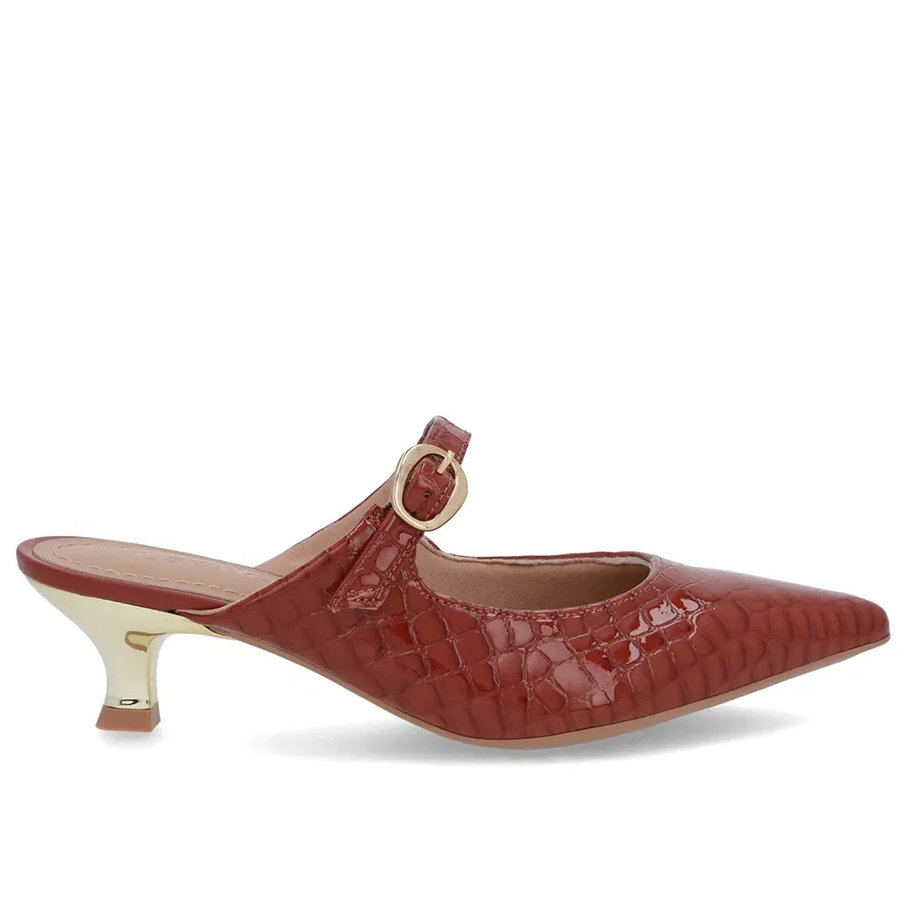 Mule Marrom Verniz Croco Salto Kitten Tira — imagem 1