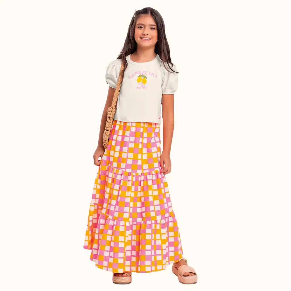 Conjunto blusa em meia malha e saia longa em malha florence xadrez
