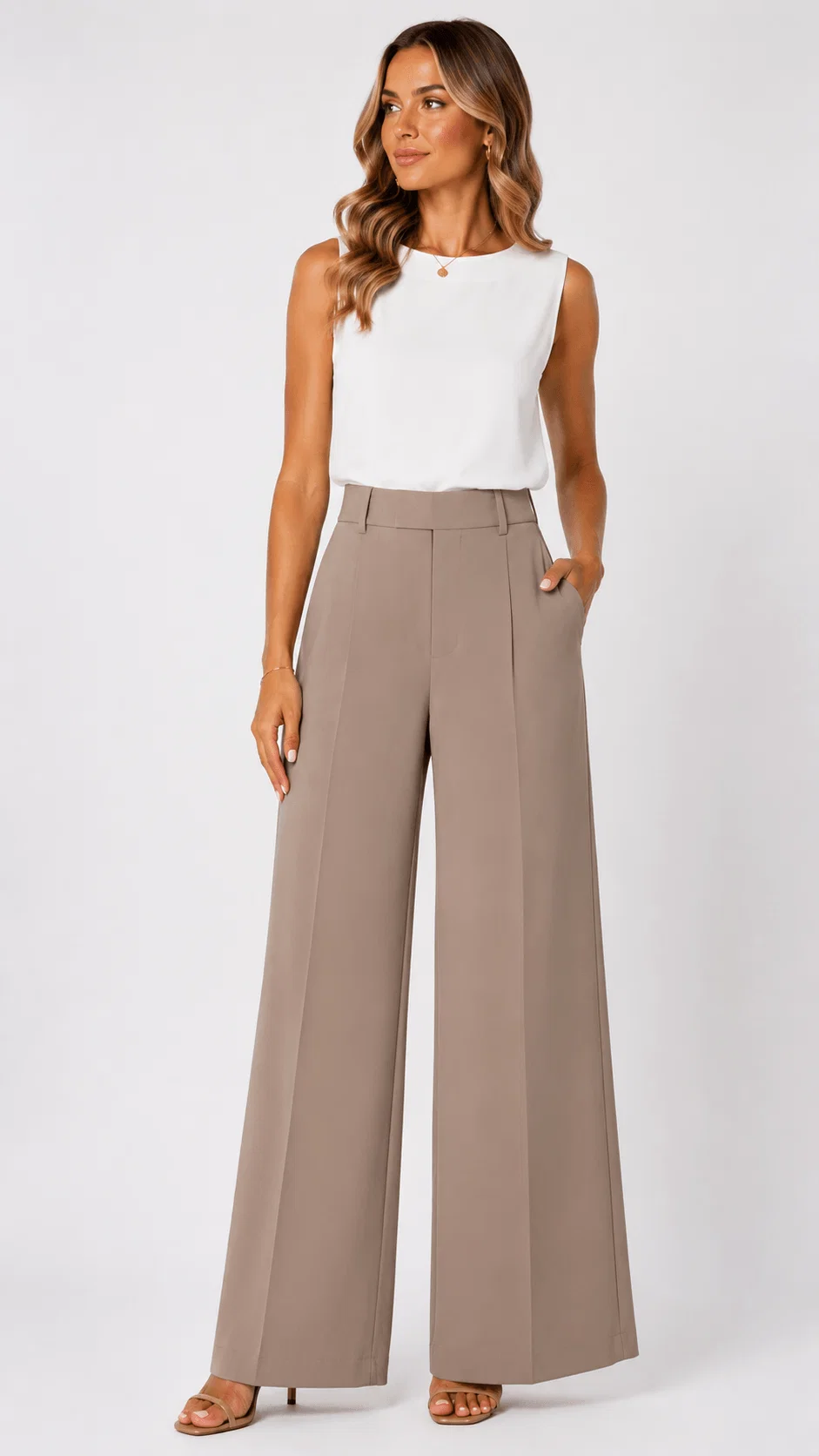 Calça Pantalona Pregas - Bege