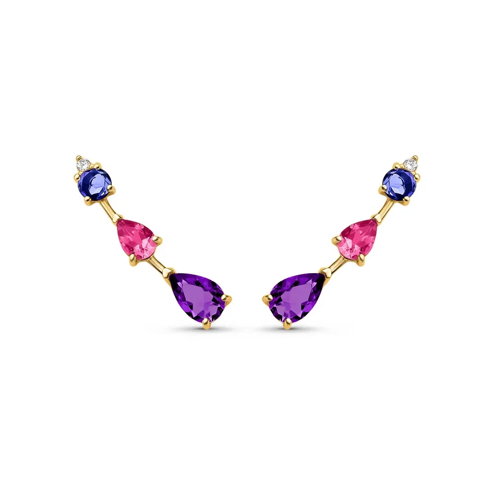 Brinco Ear Cuff Pietre em Ouro Amarelo 18k com Ametista Roxa, Turmalina Rosa, Iolita e Diamantes — imagem 1