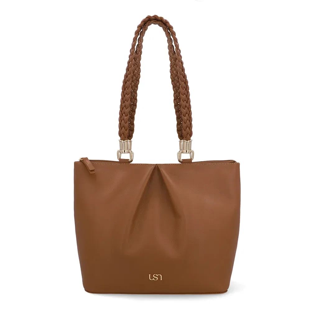 Bolsa Shopper Couro Marrom Canela Alça Trançada — imagem 1