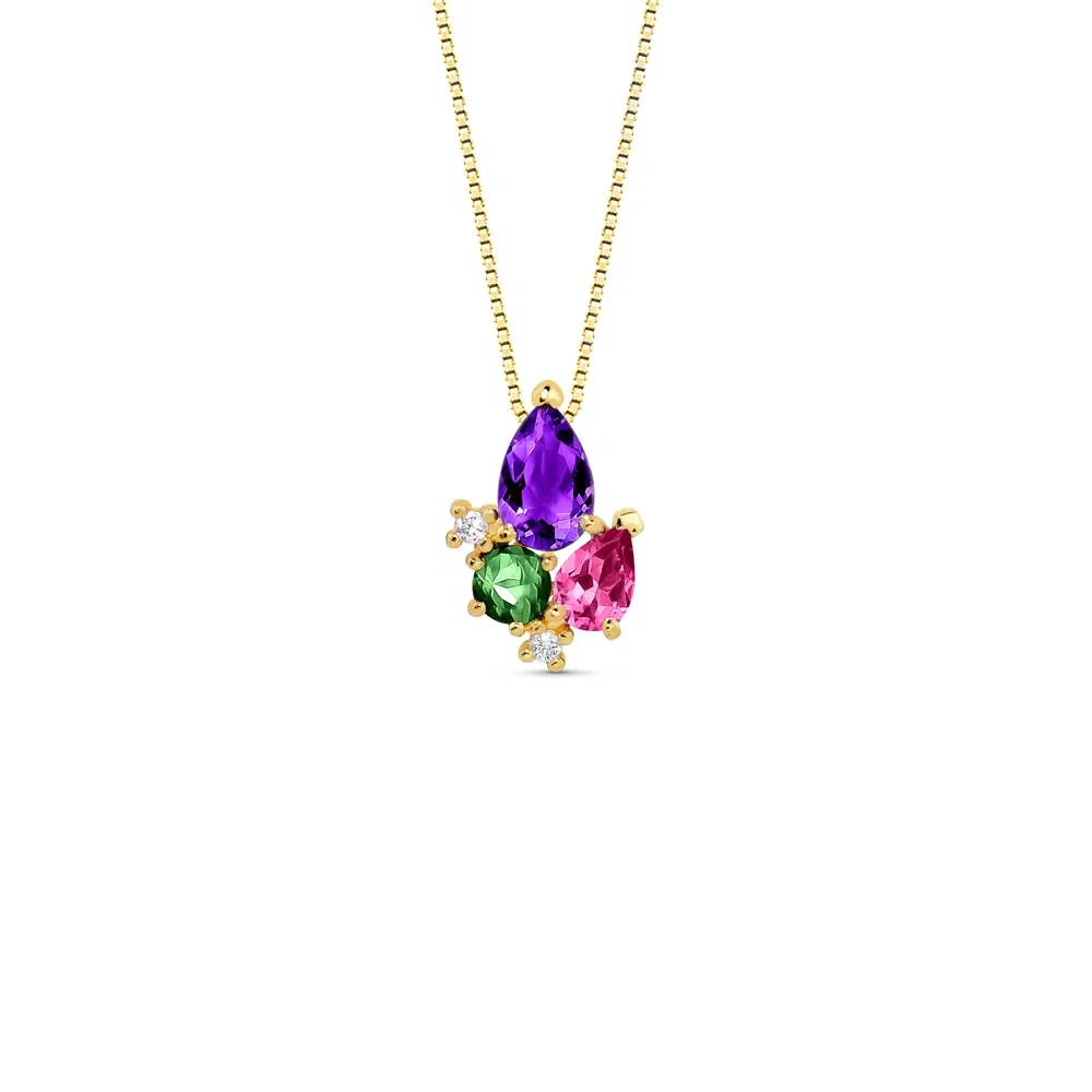 Pingente Pietre em Ouro Amarelo 18k com Ametista Roxa, Turmalina Rosa, Turmalina Verde e Diamantes, 15.5mm — imagem 1