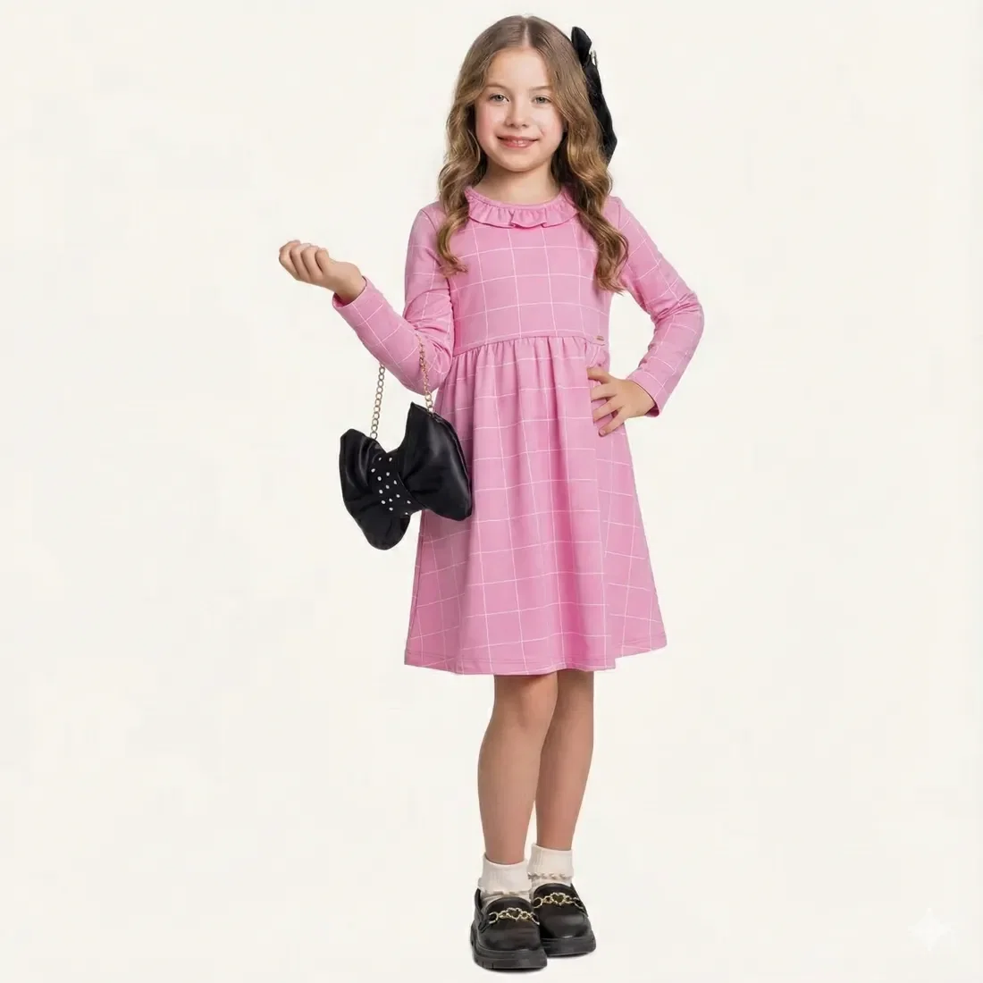 Vestido em molecotton molinê manga longa xadrez