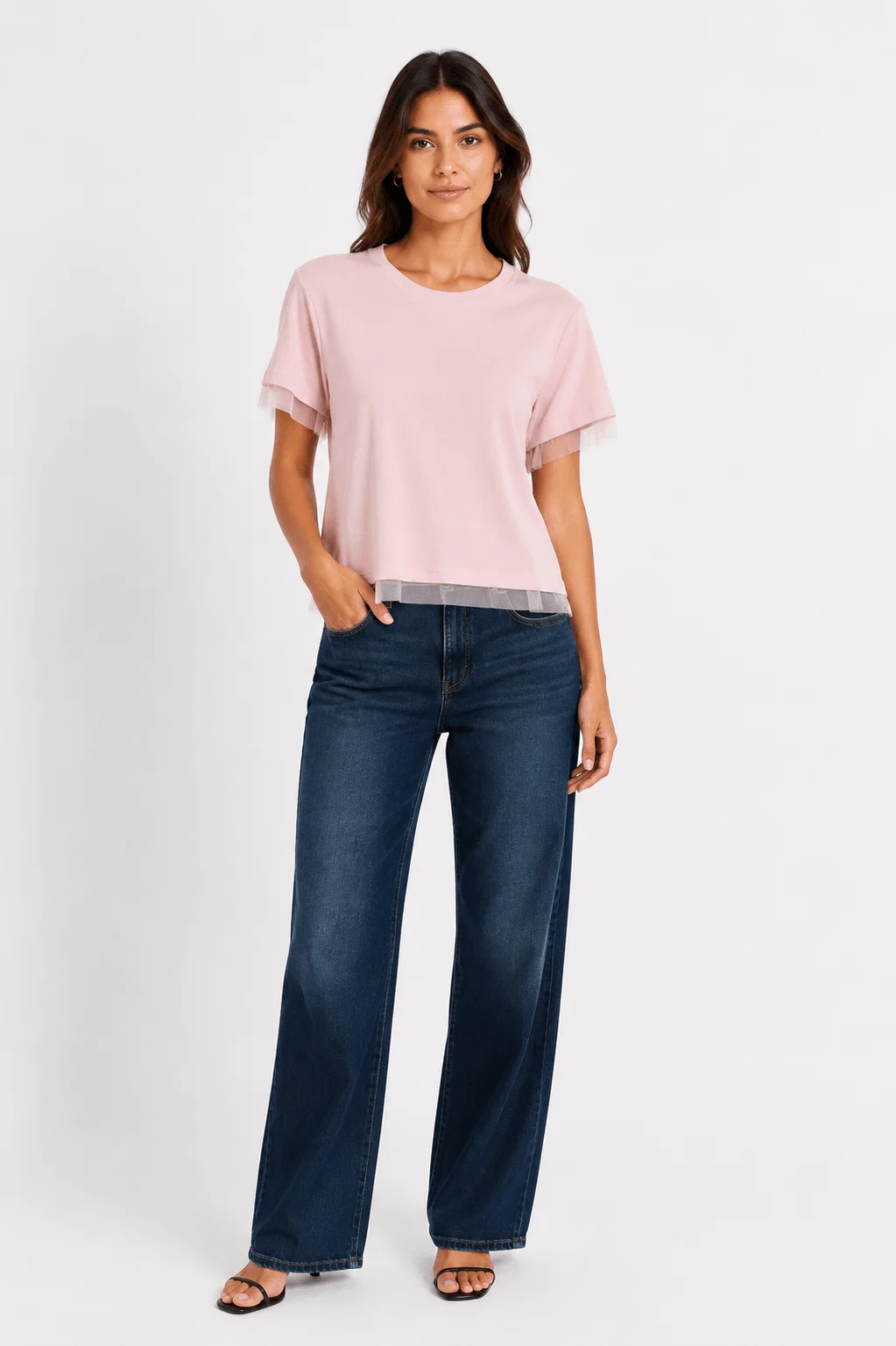 Blusa Manga Curta Detalhe Tule - Rosa — imagem 1