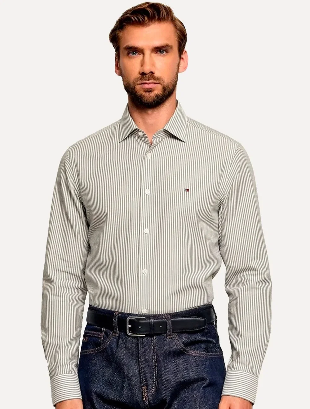 Camisa Tommy Hilfiger Masculina Slim Striped Stretch Verde — imagem 1