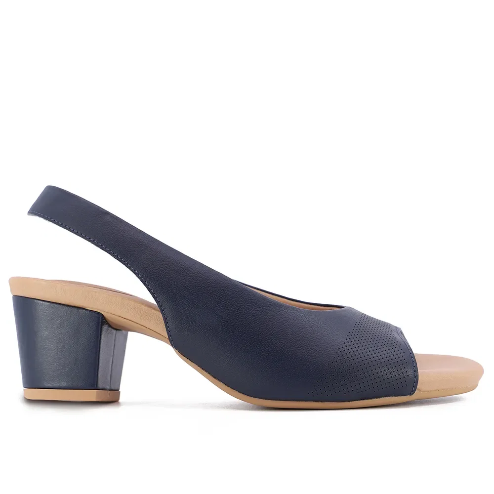Slingback Azul Salto Bloco Couro Laser