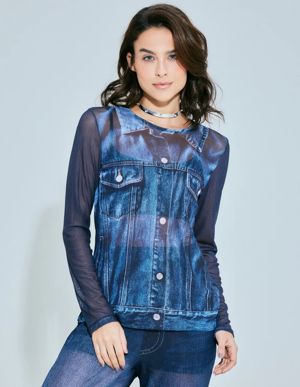 Blusa Tule Manga Longa Localizado - Denim Medio — imagem 1