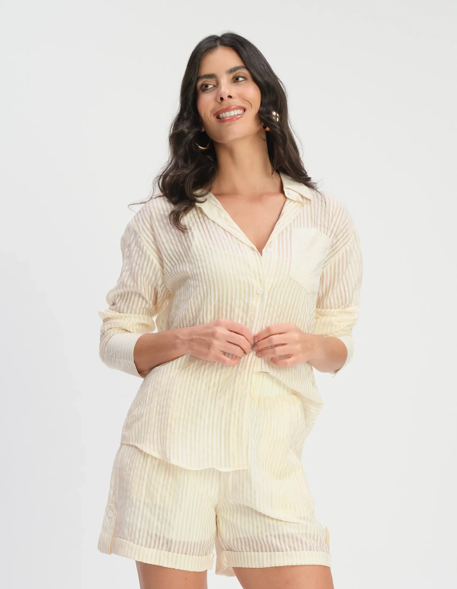Blusa Manga Longa Listrada Punho Largo - Amarelo — imagem 1