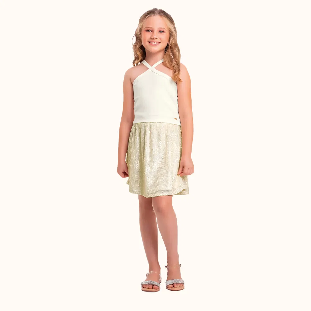 Conjunto regata em cotton leve e saia em tecido lantejoula